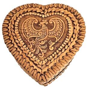 Russian Birch Bark Wood Intricately Woven Heart-Shaped Trinket Box w/Bird Lid